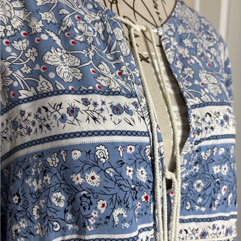 Blue Floral Maxi Dress XXL Cottagecore Tassel Tie Peasant Dress Flowy Romantic - Picture 3 of 8